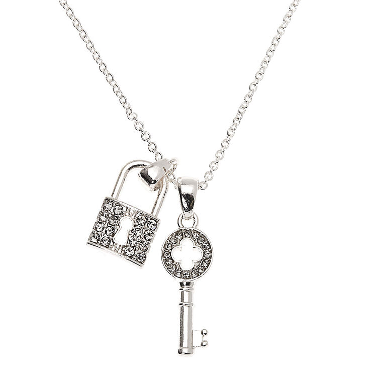 Silver Rhinestone Lock & Key Pendant Necklace,