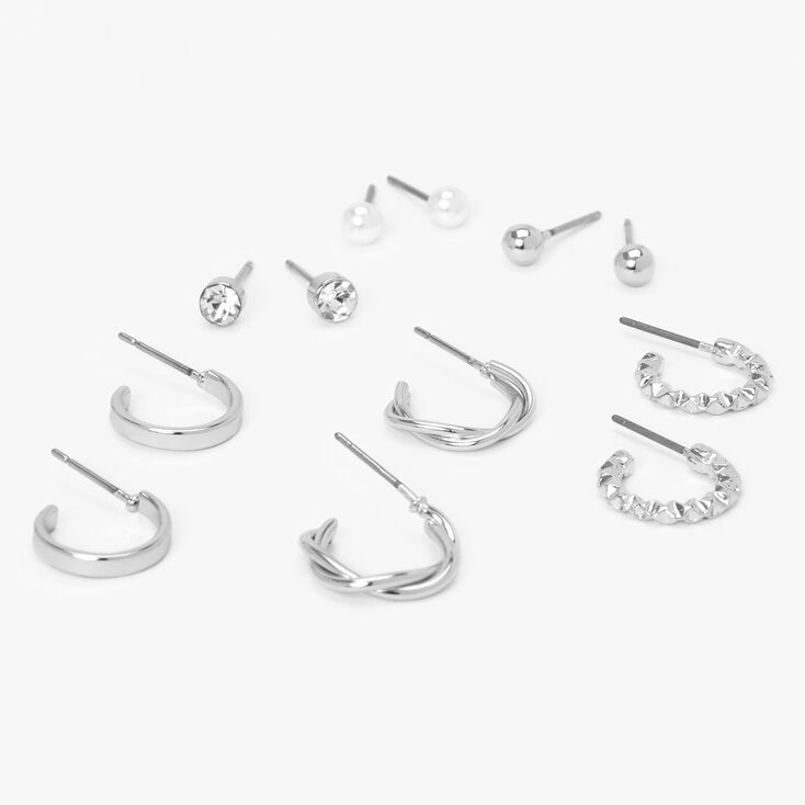 Silver Textured Hoop &amp; Stud Earrings - 6 Pack,