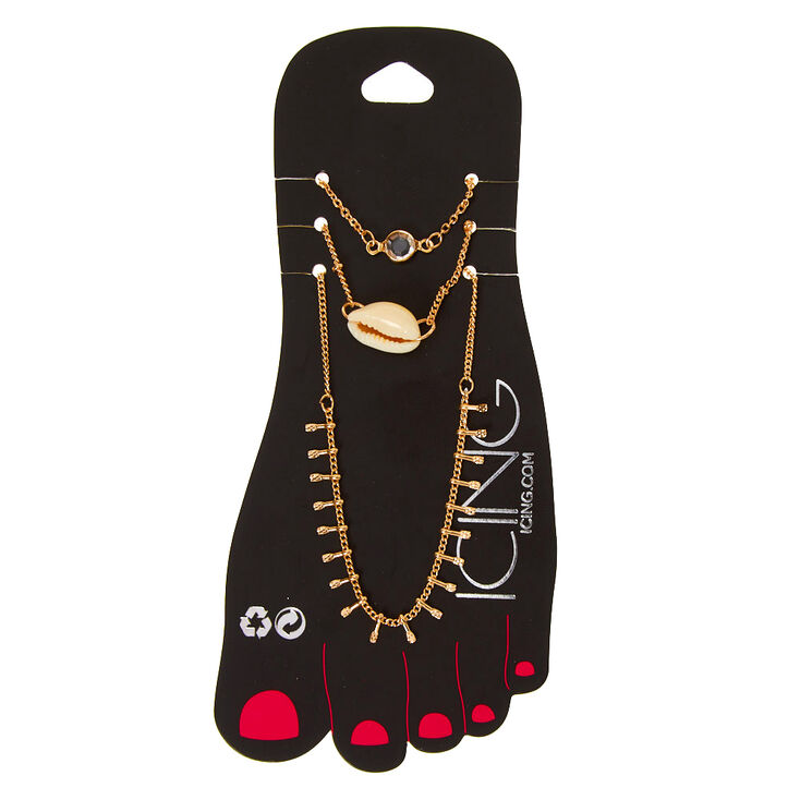 Gold Cascading Cowrie Shell Anklets - 3 Pack,