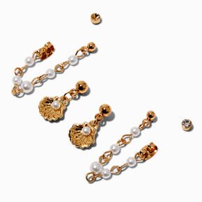 Gold-tone Pearl Connector Earring Set - 3 Pack,
