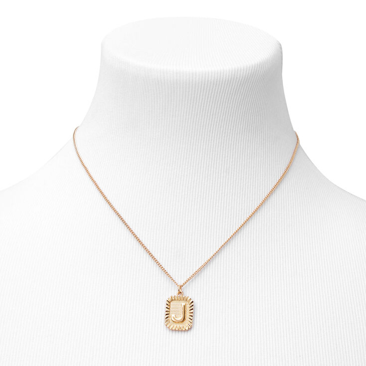 Gold-tone Initial Rectangle Medallion Pendant Necklace - J,