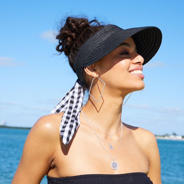 Gingham Bow Straw Visor - Black,