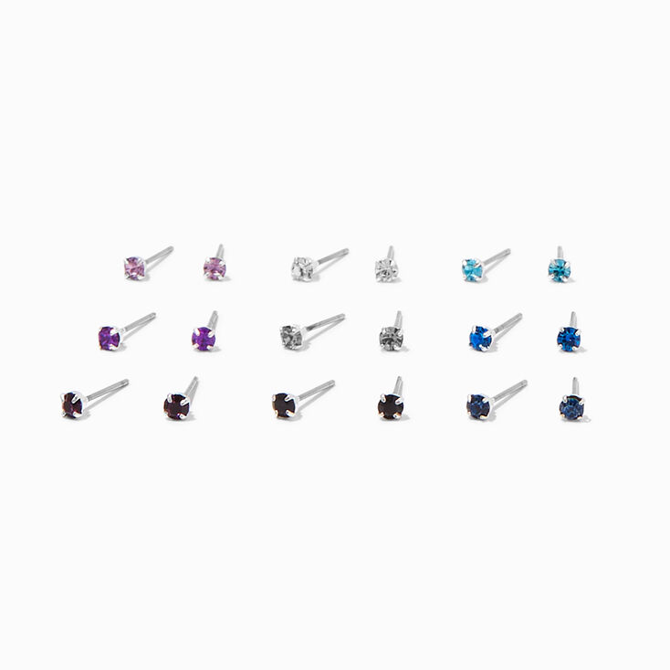 Blue Mixed 3MM Crystal Stud Earrings - 9 Pack,