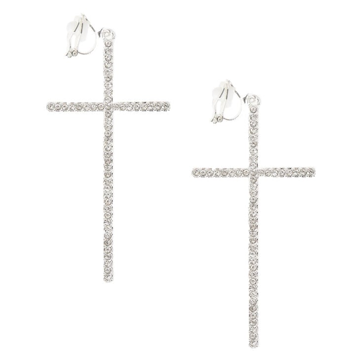 Silver Tone Gl Stone Large Cross Clip On Drop Earrings Icing Us Silver Tone Gl Stone Large Cross Clip On Drop Earrings