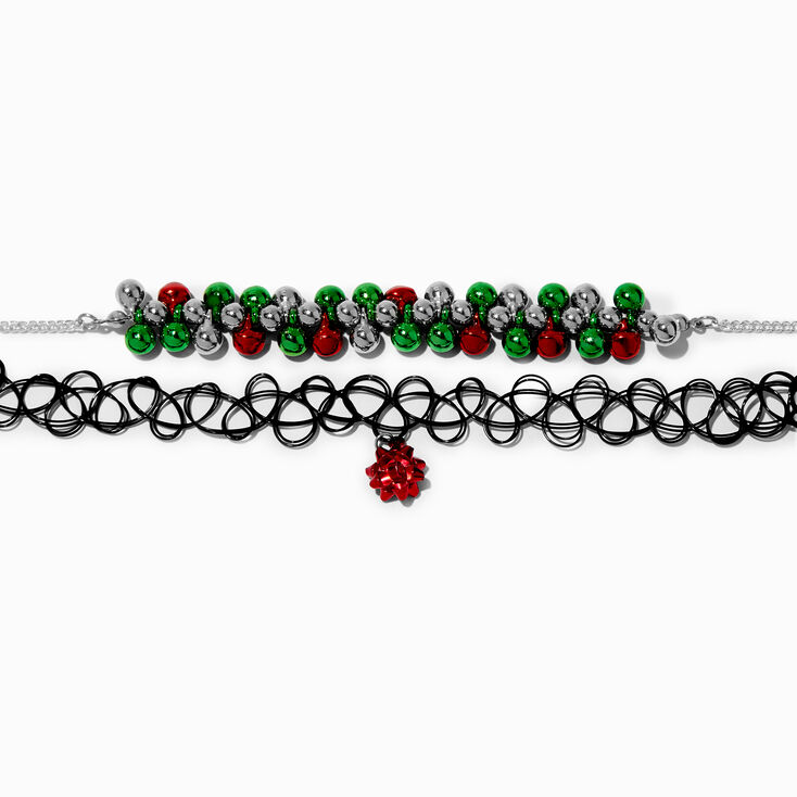 Jingle Bells &amp; Gift Bow Choker Necklace Set - 2 Pack,