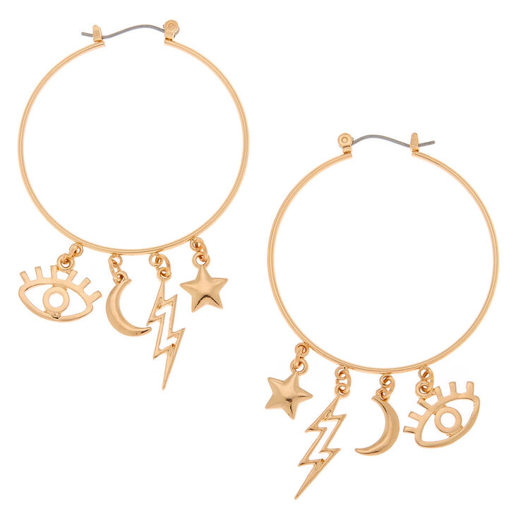 Gold 40MM Eye Charm Hoop Earrings,