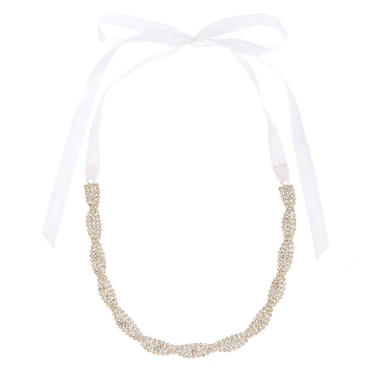 Clear Woven Crystal & White Ribbon Choker Headwrap,