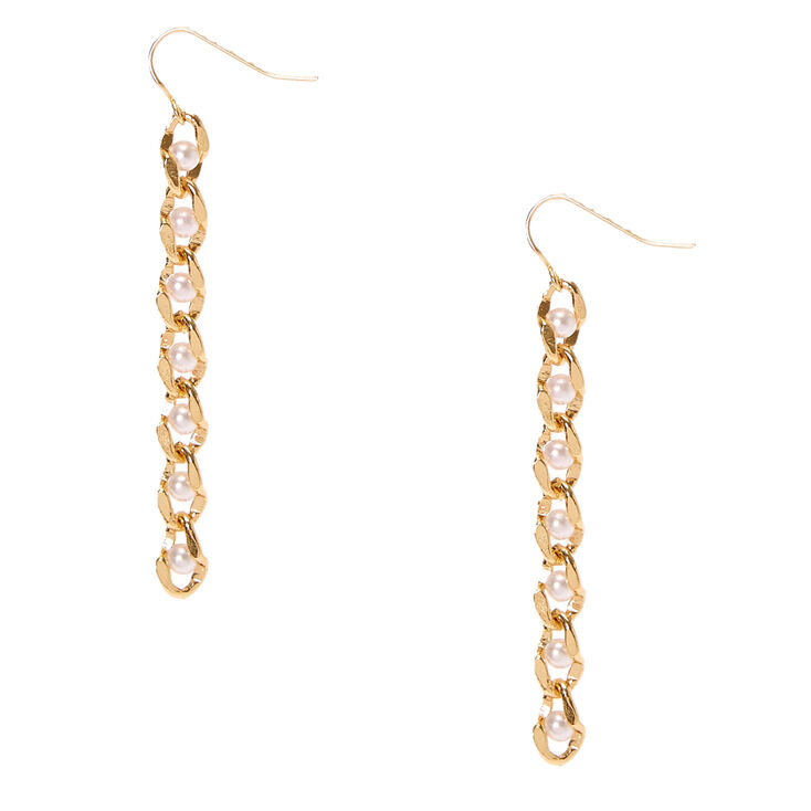 Gold Tone & Pearl Chain Drop Earrings,