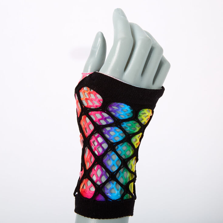 Rainbow Tie Dye Layered Fishnet Gloves