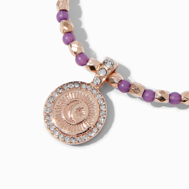 Gold-tone Celestial Coin Charm Purple Bead Stretch Bracelet,