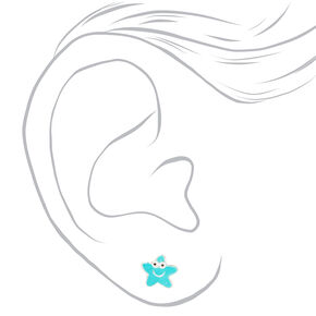 Sterling Silver Smiley Starfish Stud Earrings - Teal,