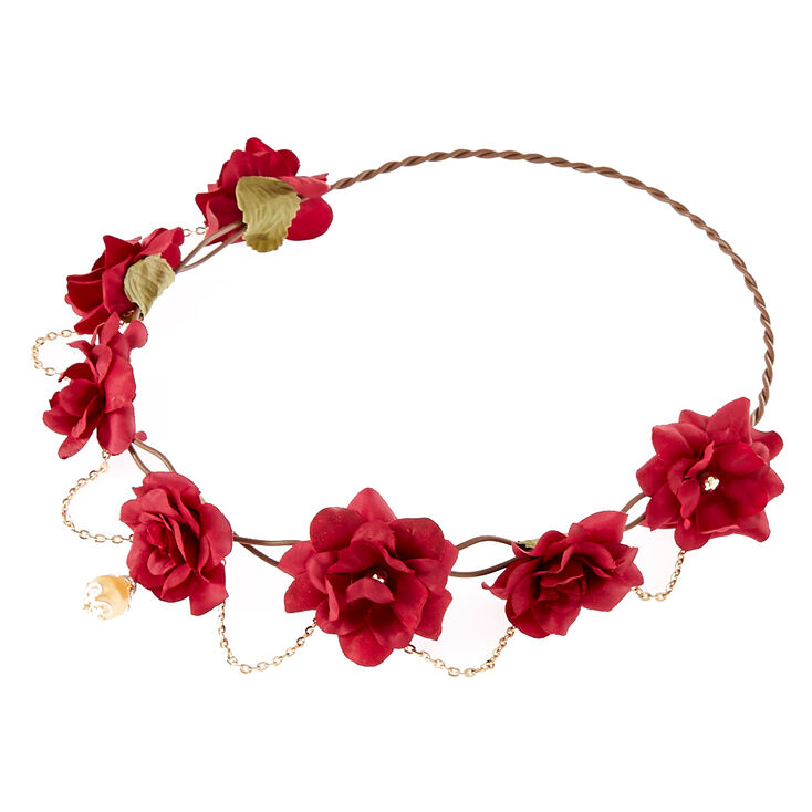 Gold Chain Burgundy Flower Crown Headwrap,