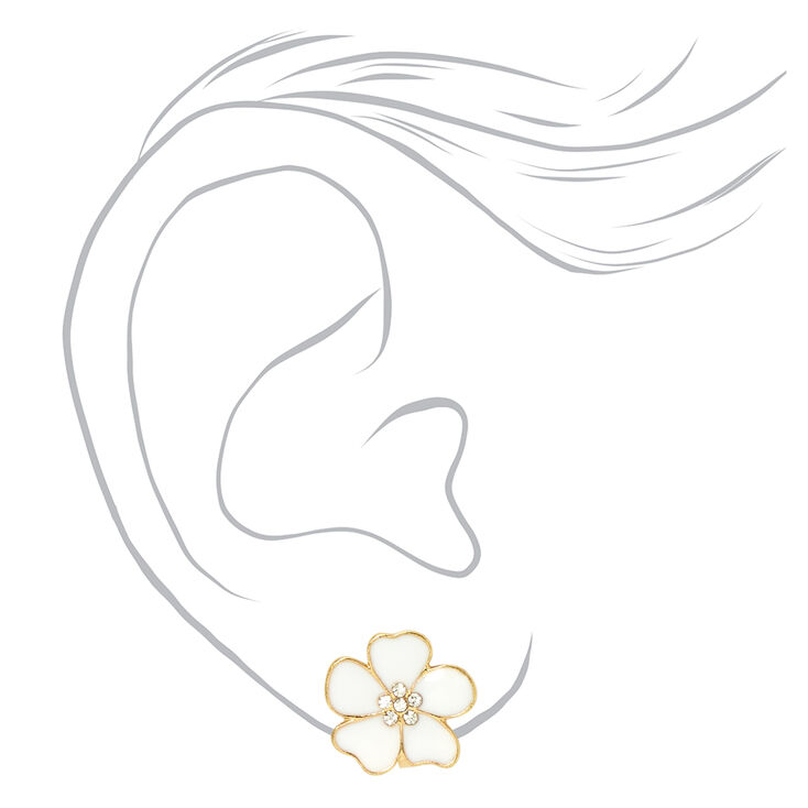 Embellished White Flower Clip-On Stud Earrings,