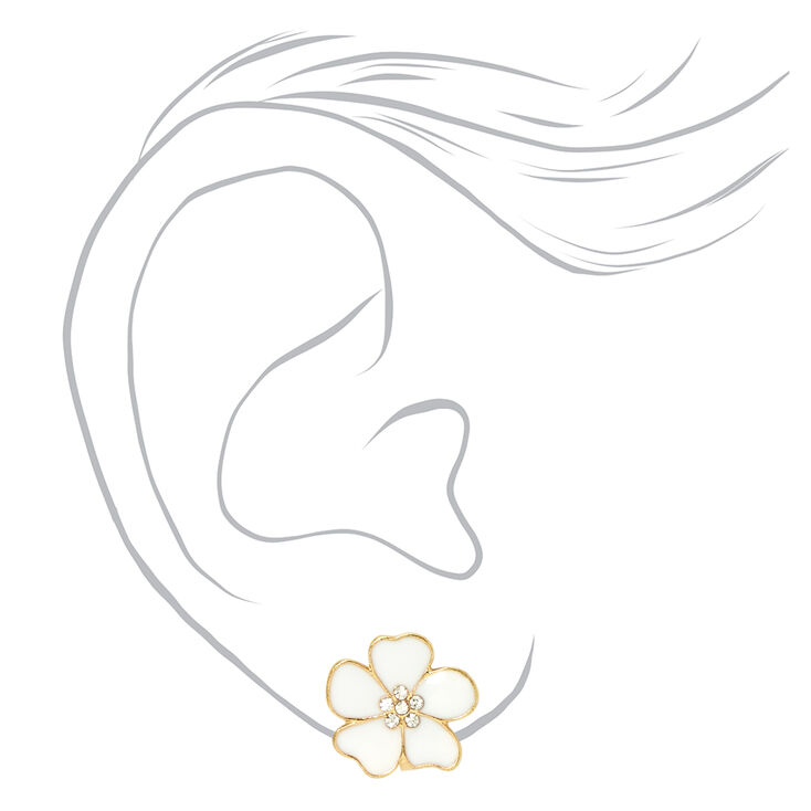 Embellished White Flower Clip On Stud Earrings,