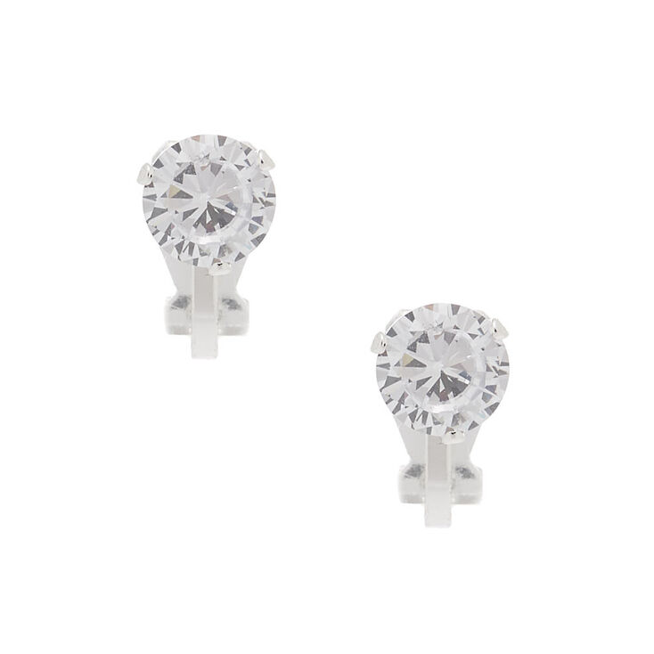 Silver Cubic Zirconia Round Clip-On Stud Earrings - 7MM,
