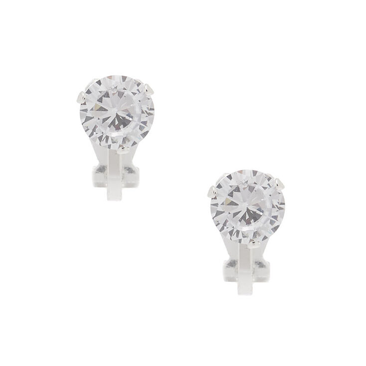 Silver Cubic Zirconia Round Clip On Stud Earrings - 7MM,