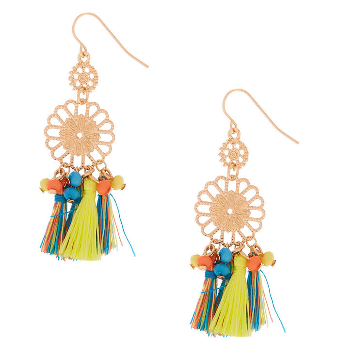 Gold 2" Filigree Tassel Beaded Drop Earrings,