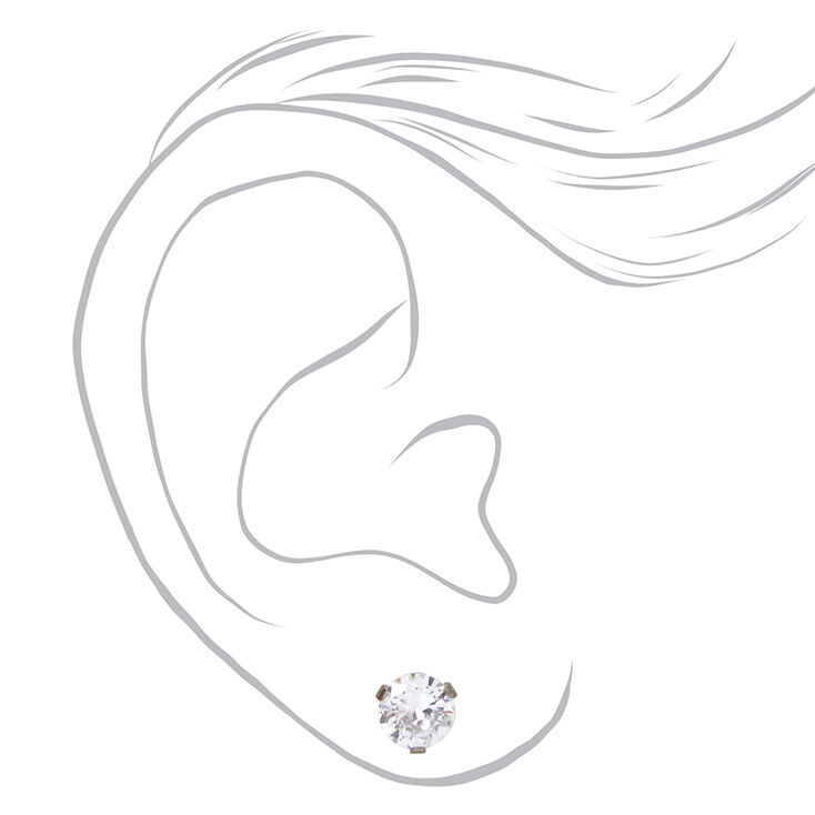 Silver Titanium Cubic Zirconia Round Stud Earrings - 7MM,