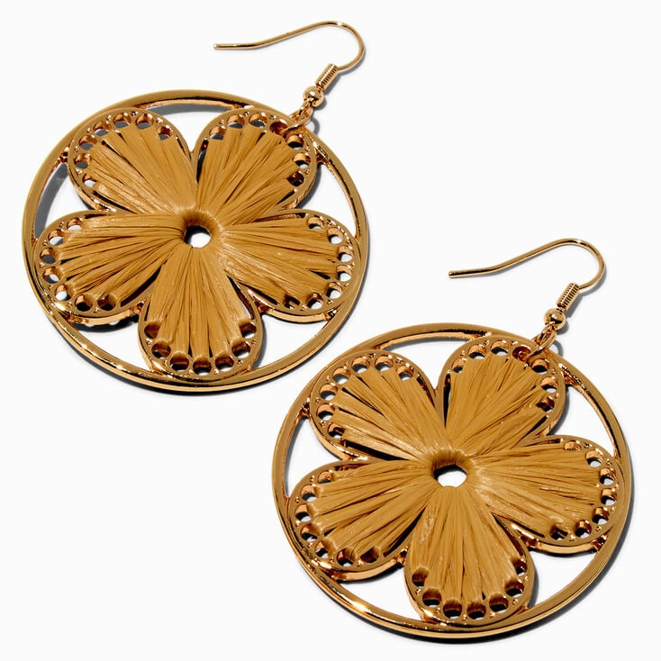 Gold-tone Raffia Flower Disc 3&quot; Drop Earrings,