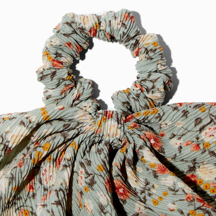 Green Floral Pleated Hair Scrunchie Scarf,