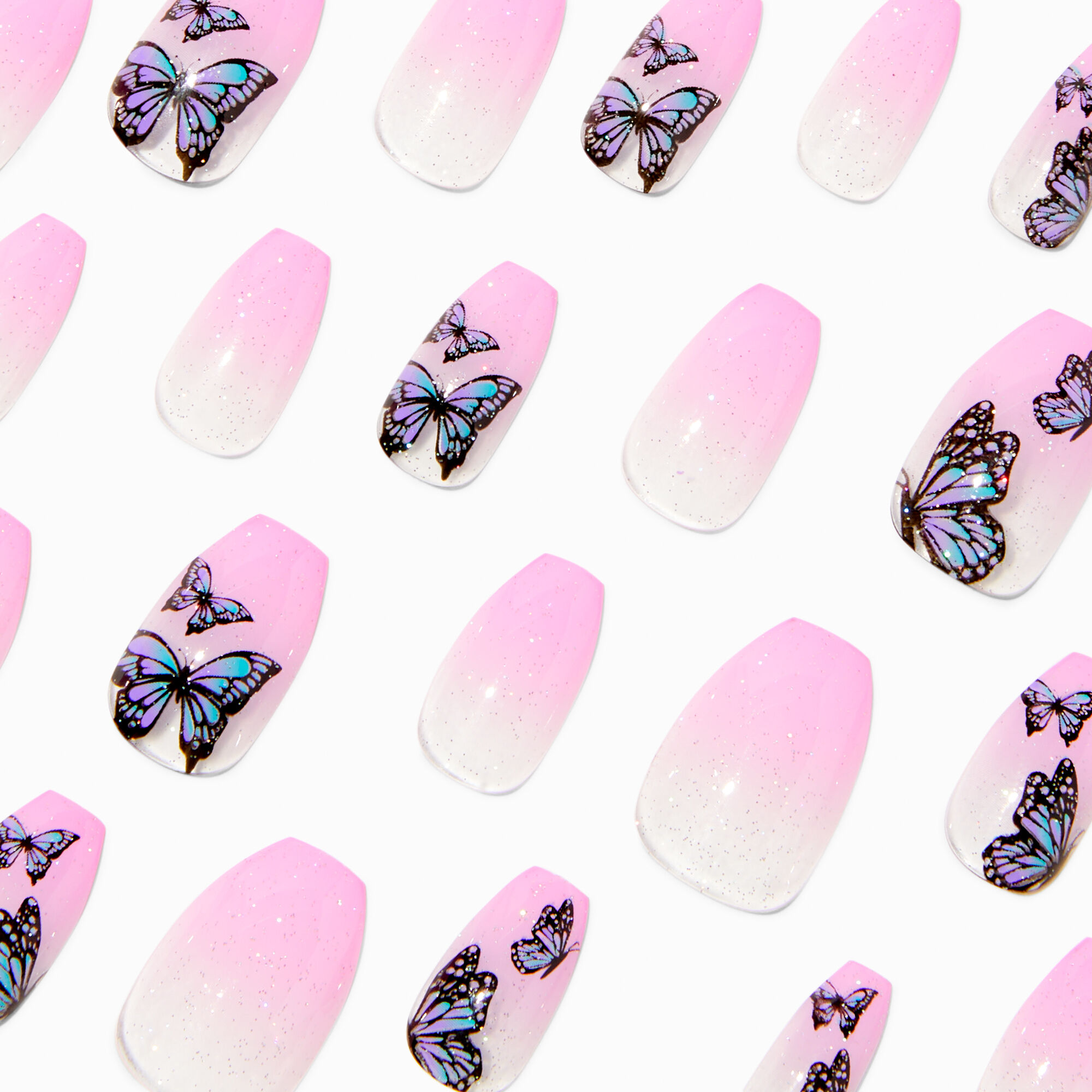 Pink Butterfly Coffin Vegan Faux Nail Set 24 Pack Icing US