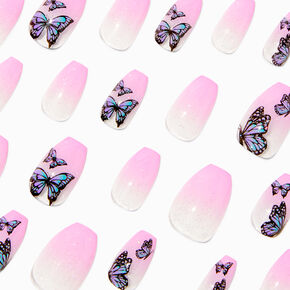 Pink Butterfly Coffin Vegan Faux Nail Set - 24 Pack,