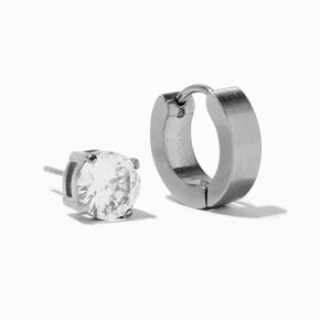 Silver-tone Stainless Steel Huggie Hoop &amp; 7MM Cubic Zirconia Round Stud Earrings,