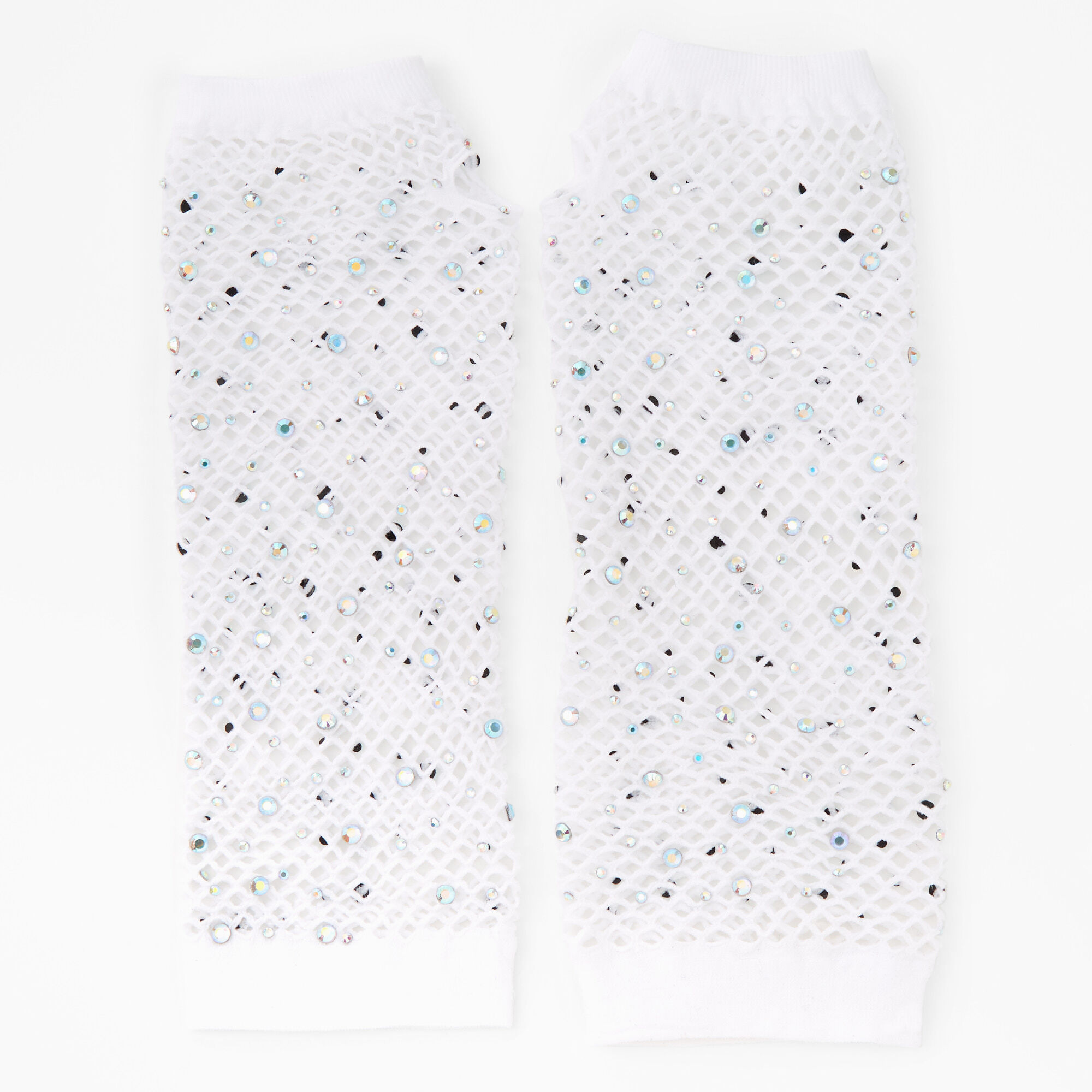 Rhinestone Fishnet Arm Warmers - White