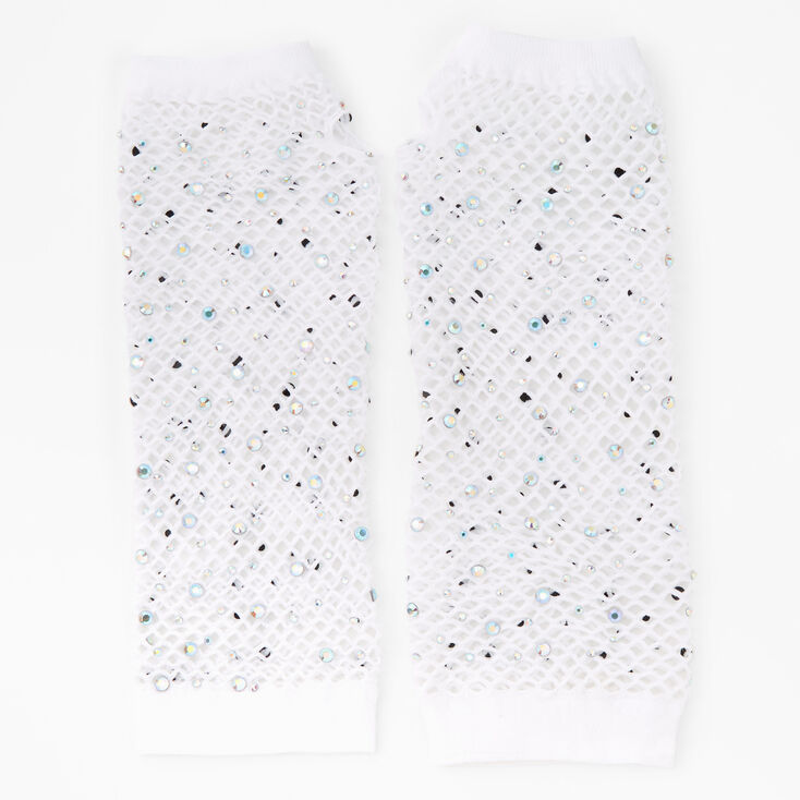 Rhinestone Fishnet Arm Warmers - White,