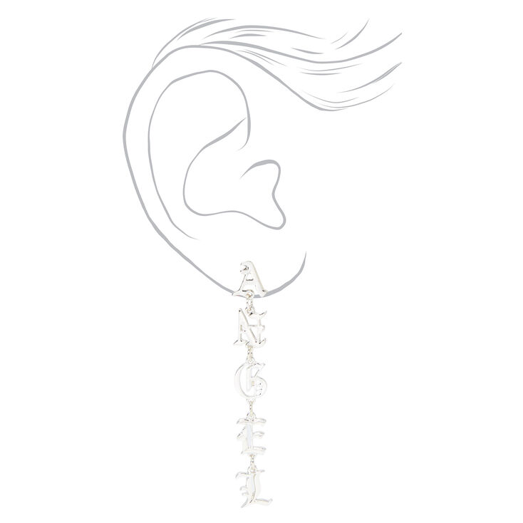 Silver 2&quot; Angel Old English Script Drop Earrings,
