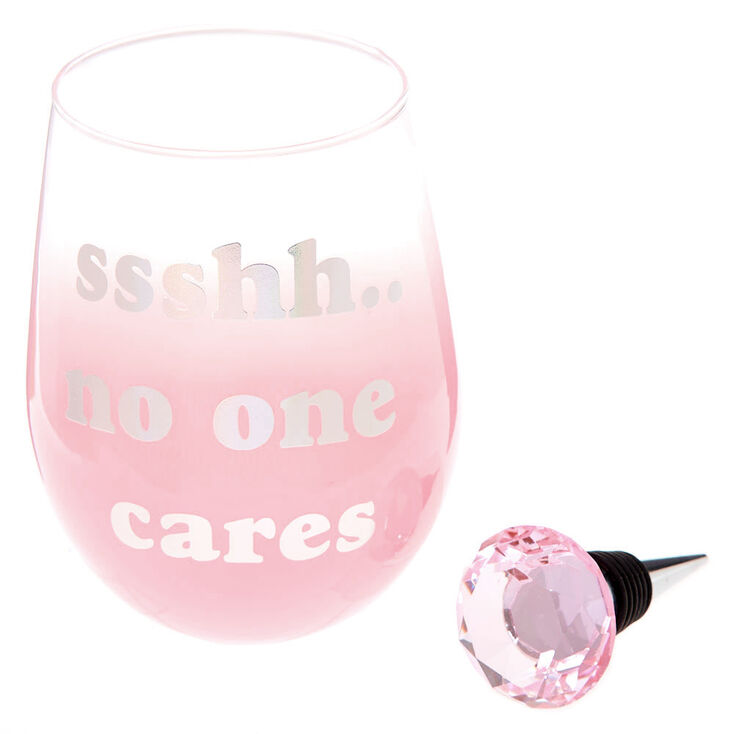 No One Cares Wine Glass & Stopper Set - Pink, 2 Pack,