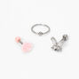 Silver 20G Rose Flower &amp; Butterfly Mixed Cartilage Earrings - Pink, 3 Pack,