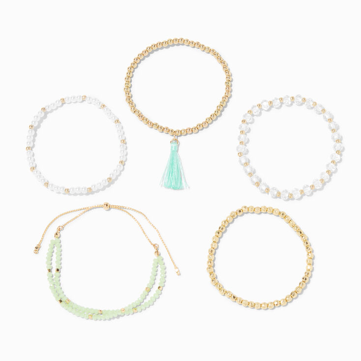 Gold &amp; Turquoise Beaded &amp; Woven Bracelet Set - 5 Pack,