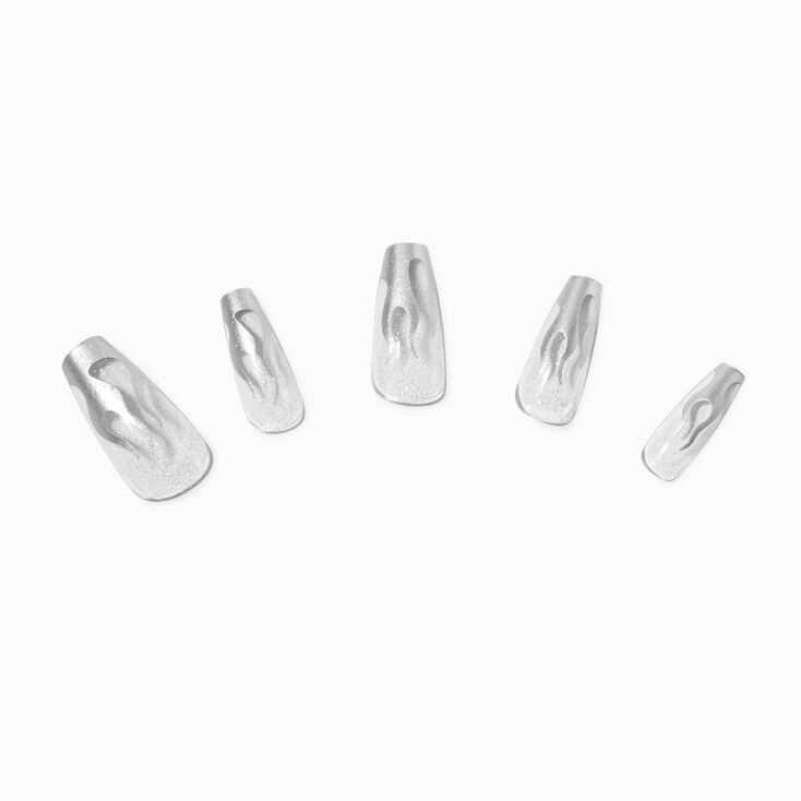 Silver Flame Squareletto Vegan Faux Nail Set - 24 Pack,