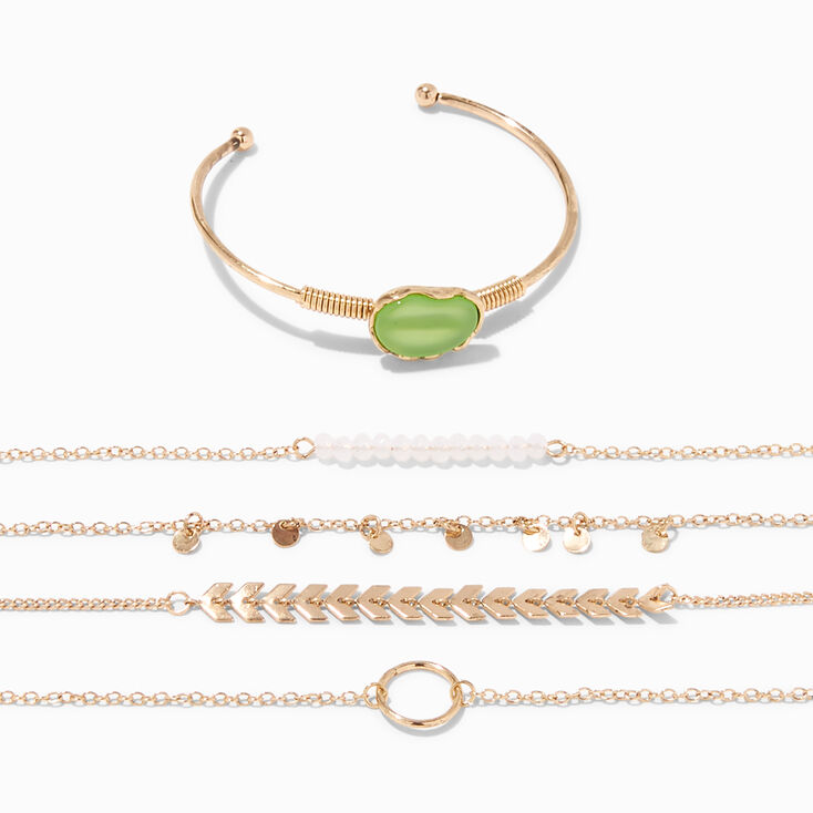 Gold &amp; Green Cuff &amp; Chain Bracelet Set - 5 Pack,