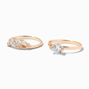 Rose Gold Cubic Zirconia Leaf Rings - 2 Pack,