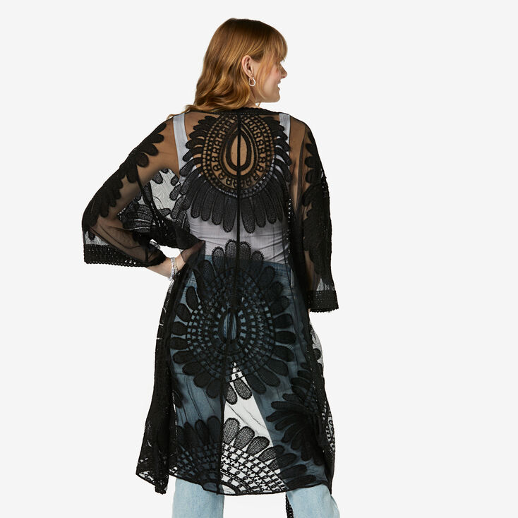 Sheer Black Floral Crochet Kimono,