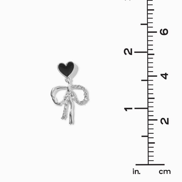 Black Enamel Heart &amp; Silver-tone Bow 1&quot; Drop Earrings,