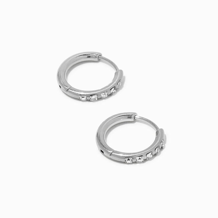 Titanium Silver 10MM Crystal Huggie Hoop Earrings,
