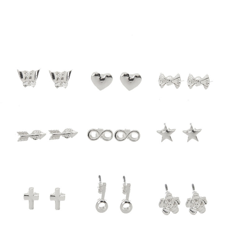 Silver Tone Mini Shape Stud Earrings,