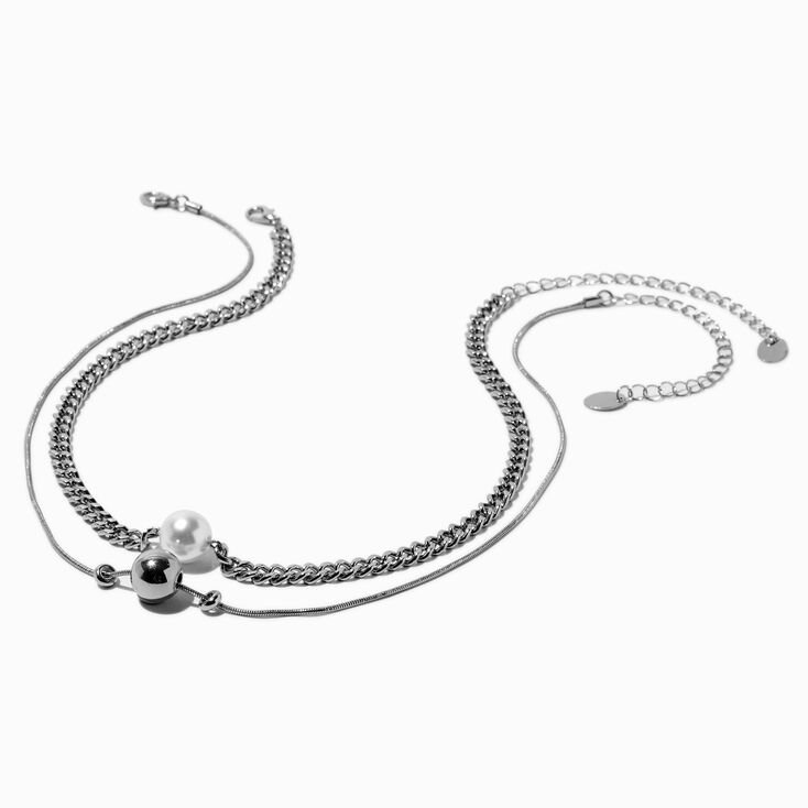 Silver-tone Curb Chain Pearl Pendant Necklaces - 2 Pack,