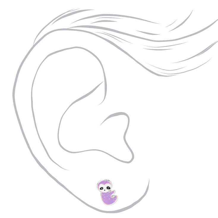 Sterling Silver Purple Glitter Sloth Stud Earrings,