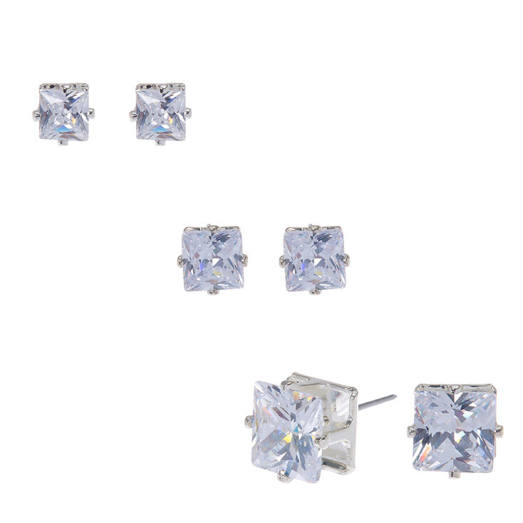 Silver Cubic Zirconia Graduated Square Stud Earrings - 3 Pack,