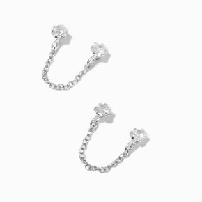 Sterling Silver Cubic Zirconia Connector Chain Stud Earrings ,