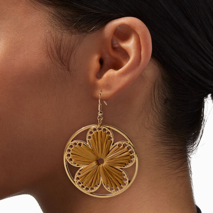 Gold-tone Raffia Flower Disc 3&quot; Drop Earrings,