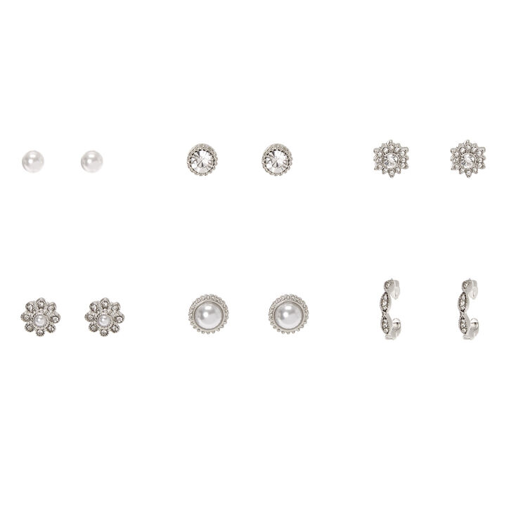 Silver Faux Pearl Fancy Stud Earrings - 6 Pack,