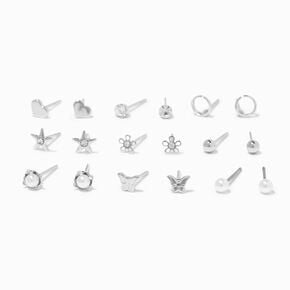 Silver Pearl Floral Mixed Stud Earrings - 9 Pack,