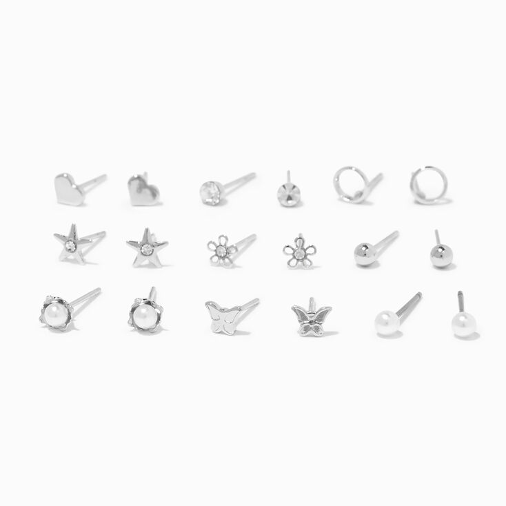 Silver Pearl Floral Mixed Stud Earrings - 9 Pack,