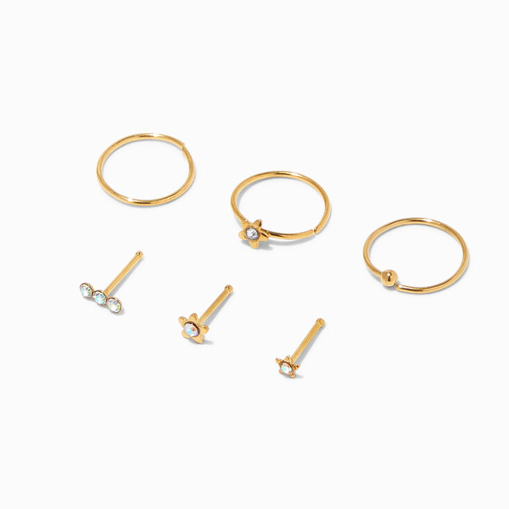 Stainless Steel Gold Star 20G Iridescent Crystal Nose Studs &amp; Hoops - 6 Pack,