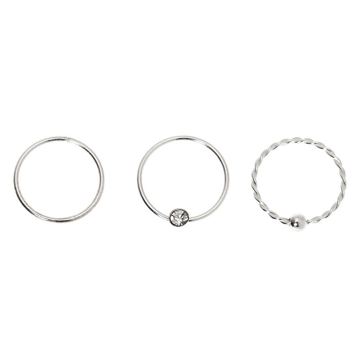 Sterling Silver 22G Crystal Twist Hoop Nose Rings - 3 Pack,